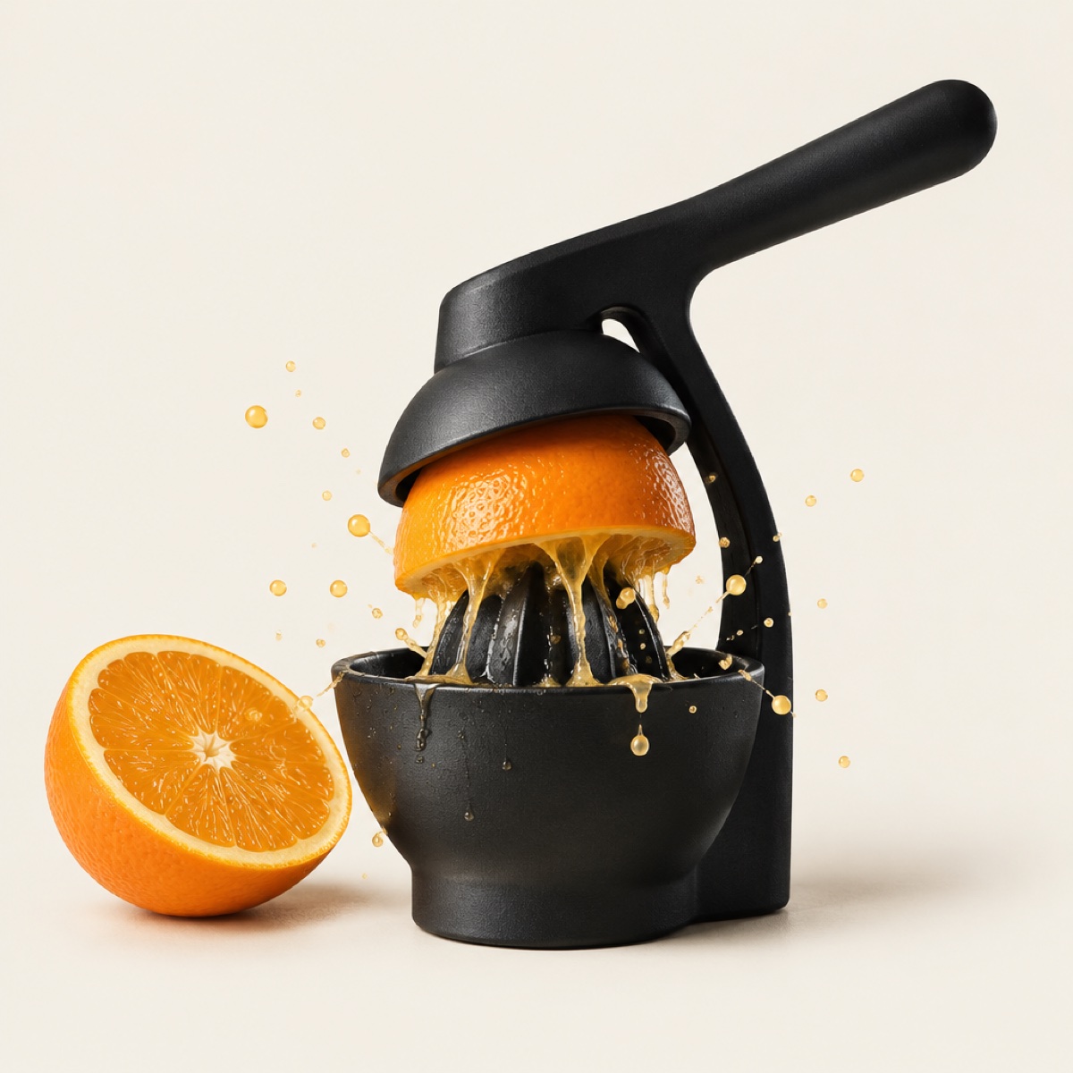 KI-generiertes Bild: Eine halbe Orange wird in einer schwarzen Zitruspresse ausgepresst, Saft spritzt.