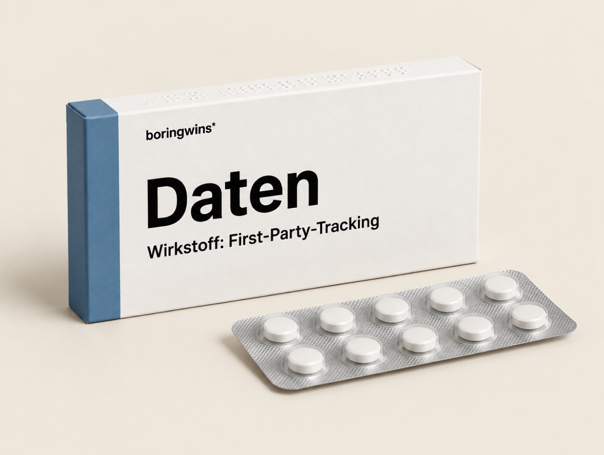 KI-generiertes Bild: Tablettenschachtel von boring wins mit Blisterstreifen mit der Aufschrift Daten, Wirkstoff First-Party-Tracking.