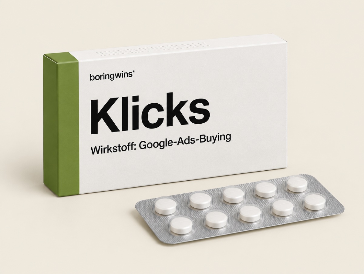 KI-generiertes Bild: Tablettenschachtel von boring wins mit Blisterstreifen mit der Aufschrift Klicks, Wirkstoff Google-Ads-Buying.