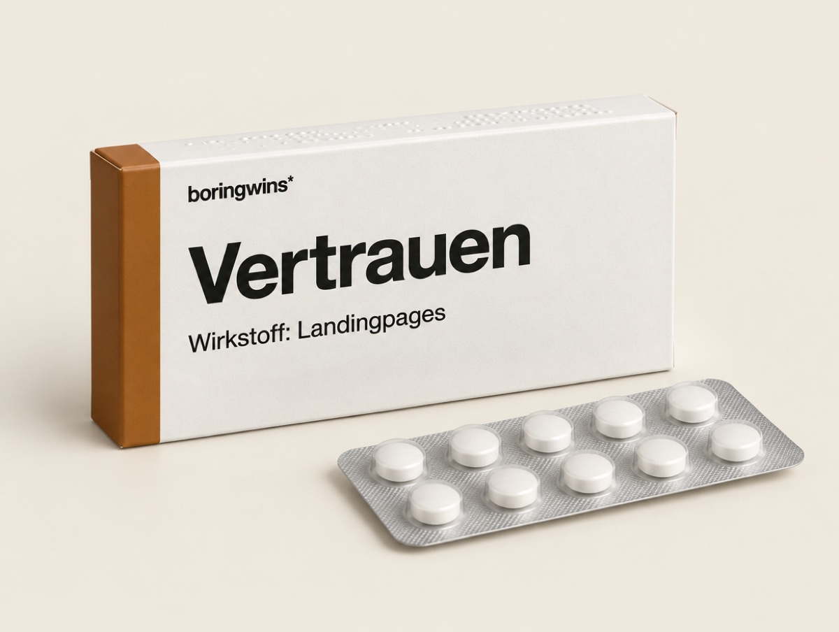 KI-generiertes Bild: Tablettenschachtel von boring wins mit Blisterstreifen mit der Aufschrift Vertrauen, Wirkstoff Landingpages.